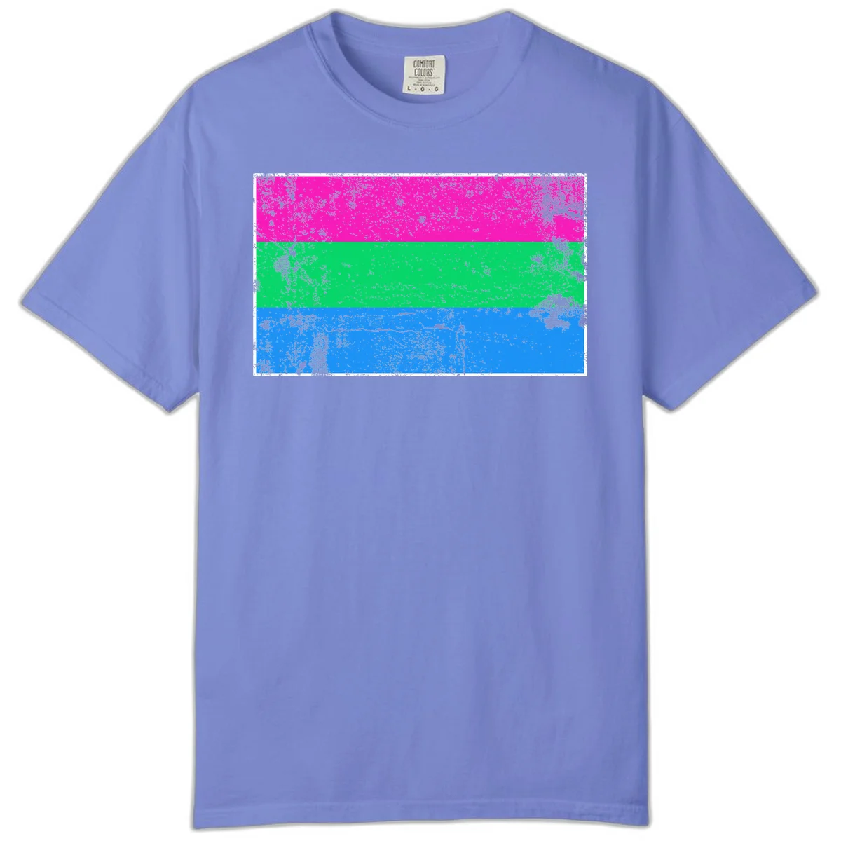 Horizontal pride flag stripes design in magenta, green, and blue with grunge distressed texture overlay in Flo Blue