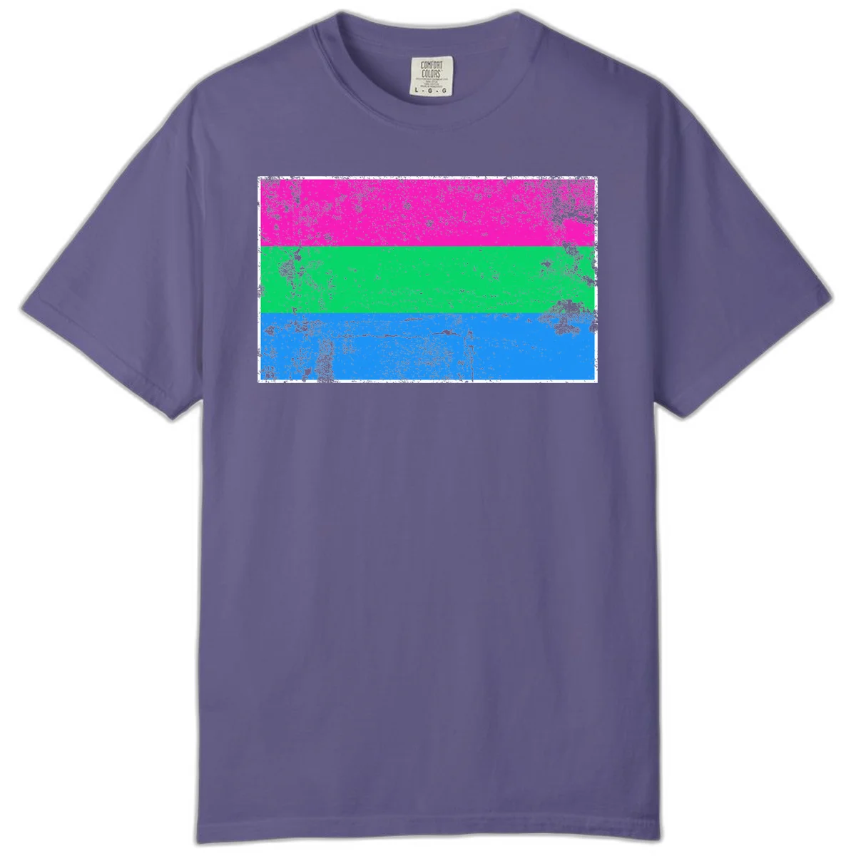 Horizontal pride flag stripes design in magenta, green, and blue with grunge distressed texture overlay in Grape