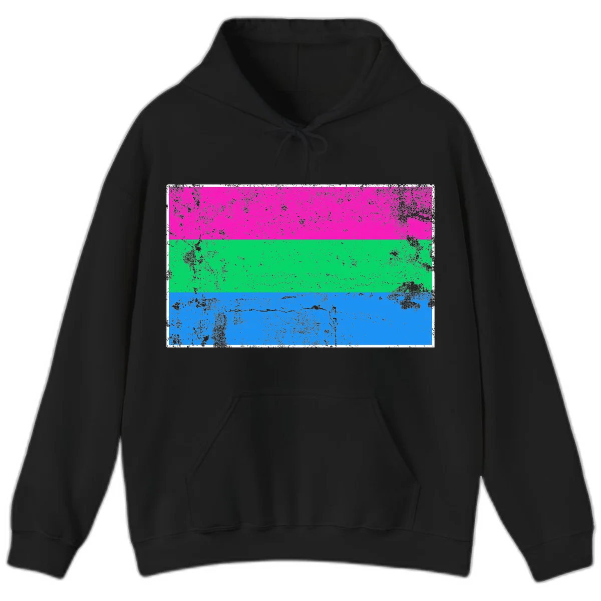Horizontal pride flag stripes design in magenta, green, and blue with grunge distressed texture overlay in Black