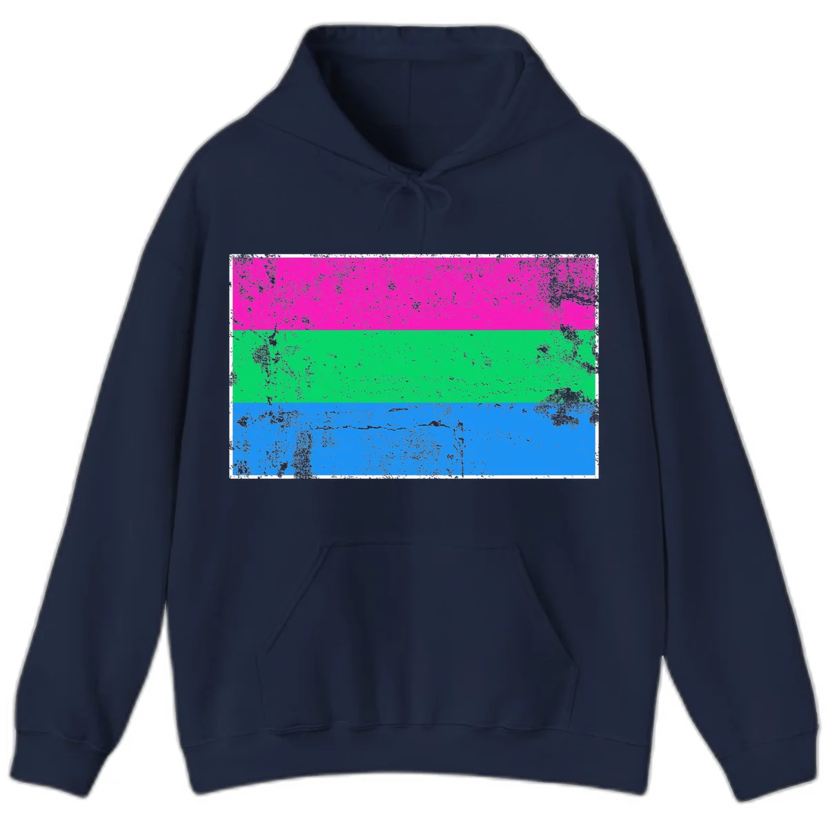 Horizontal pride flag stripes design in magenta, green, and blue with grunge distressed texture overlay in Navy