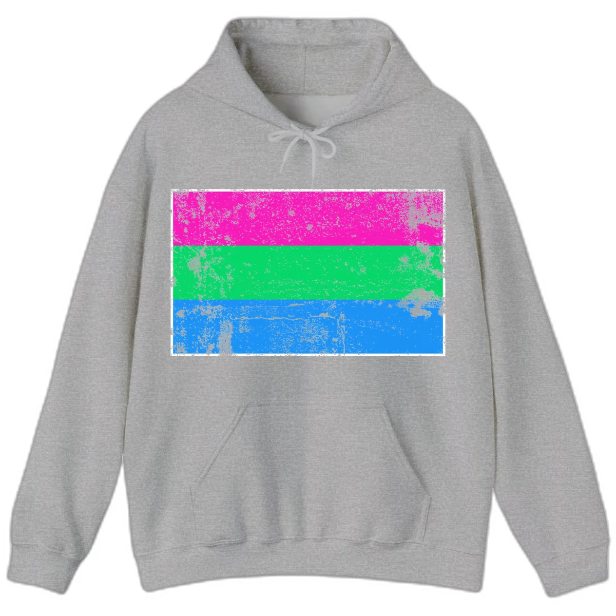 Horizontal pride flag stripes design in magenta, green, and blue with grunge distressed texture overlay in Sport Grey