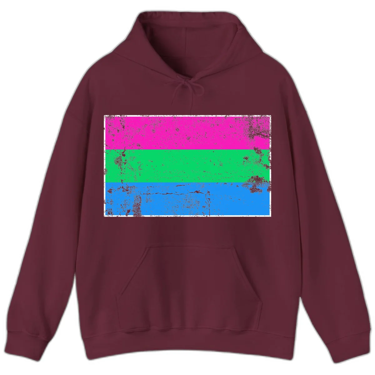 Horizontal pride flag stripes design in magenta, green, and blue with grunge distressed texture overlay in Maroon