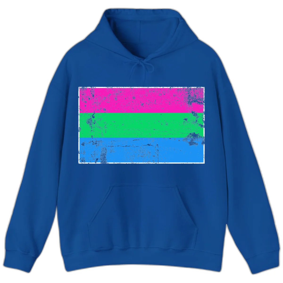 Horizontal pride flag stripes design in magenta, green, and blue with grunge distressed texture overlay in Royal