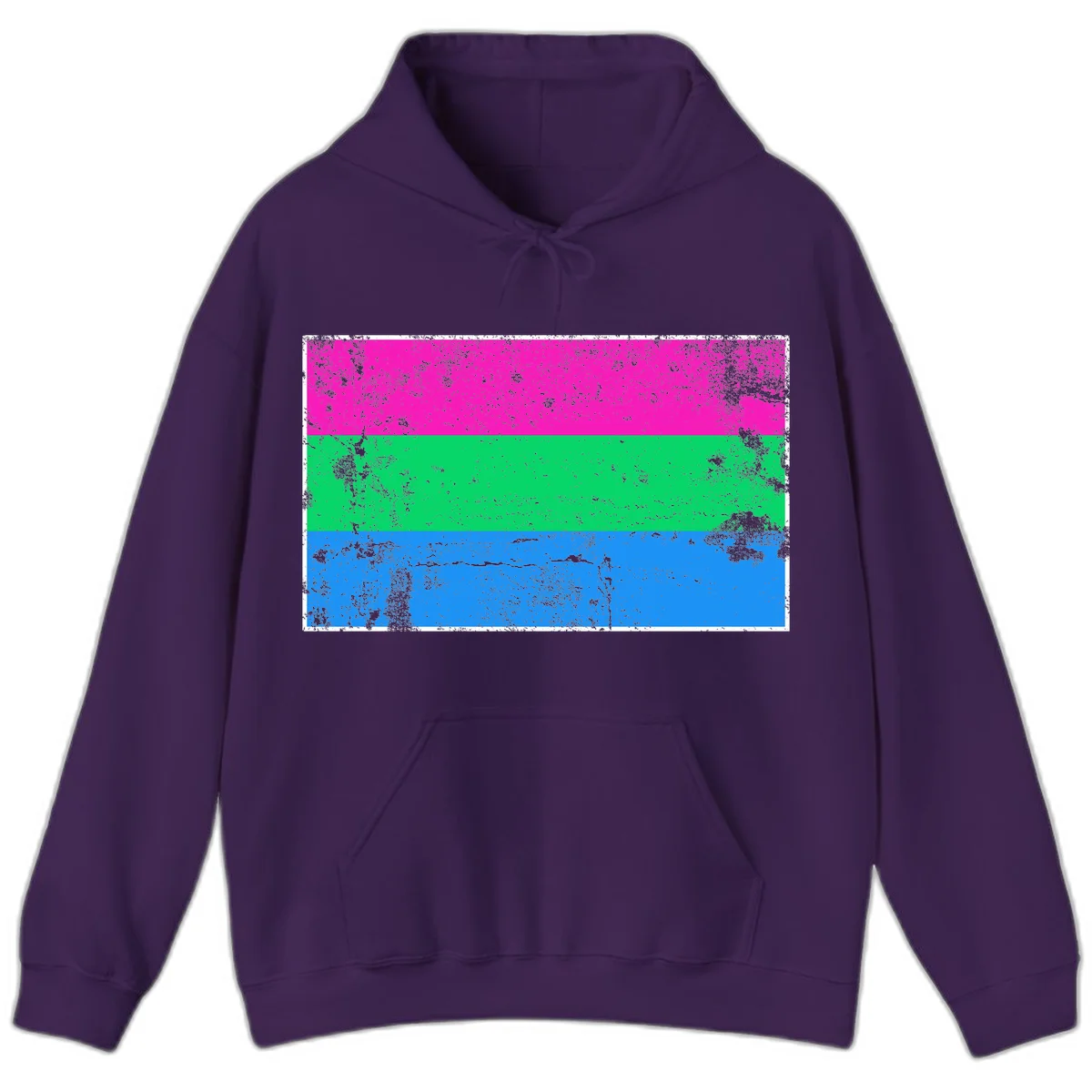 Horizontal pride flag stripes design in magenta, green, and blue with grunge distressed texture overlay in Purple