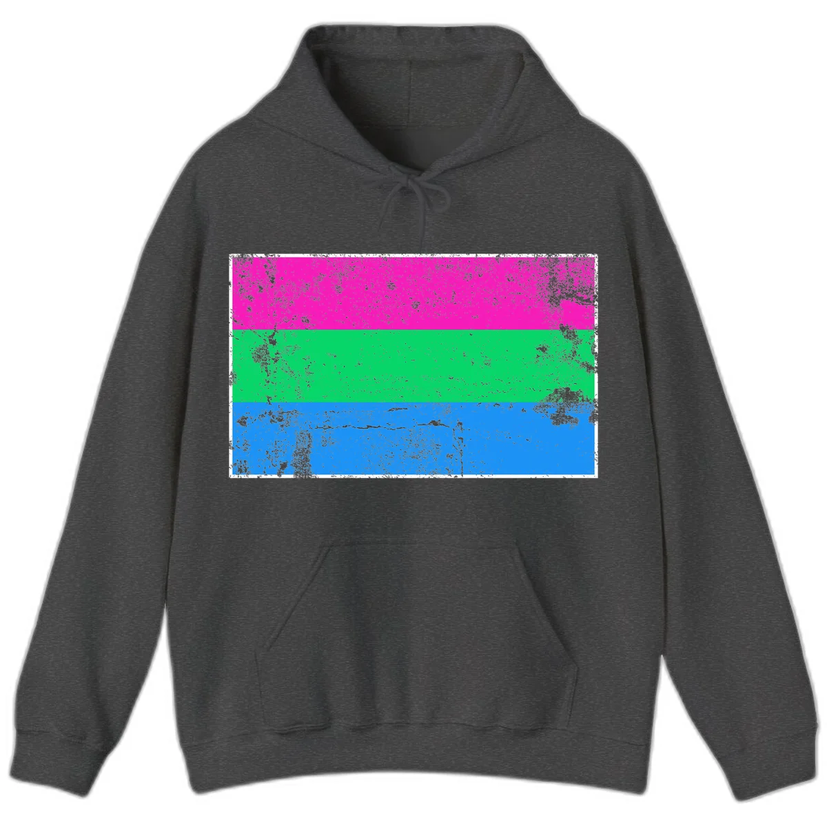 Horizontal pride flag stripes design in magenta, green, and blue with grunge distressed texture overlay in Dark Heather