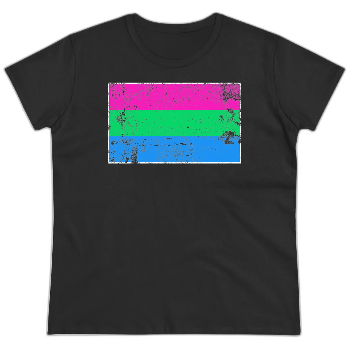 Horizontal pride flag stripes design in magenta, green, and blue with grunge distressed texture overlay in Black