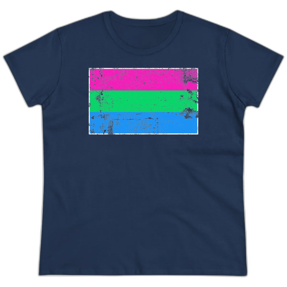 Horizontal pride flag stripes design in magenta, green, and blue with grunge distressed texture overlay in Navy