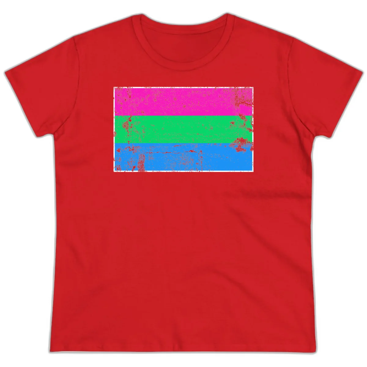 Horizontal pride flag stripes design in magenta, green, and blue with grunge distressed texture overlay in Red