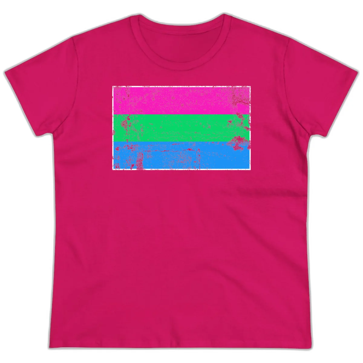 Horizontal pride flag stripes design in magenta, green, and blue with grunge distressed texture overlay in Heliconia