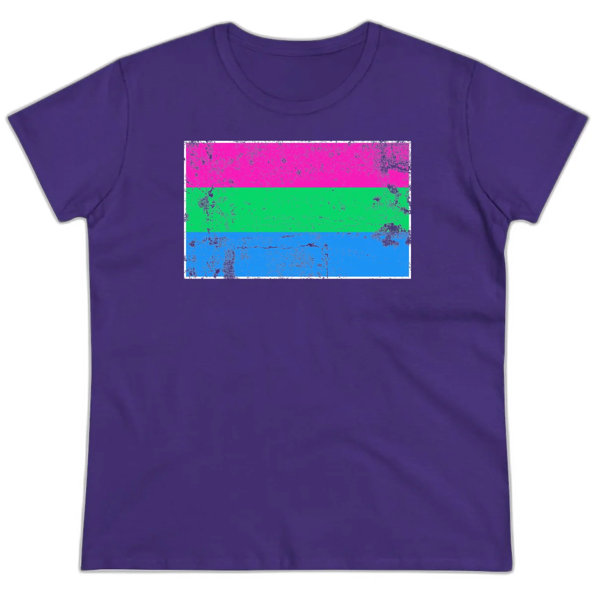 Horizontal pride flag stripes design in magenta, green, and blue with grunge distressed texture overlay in Purple