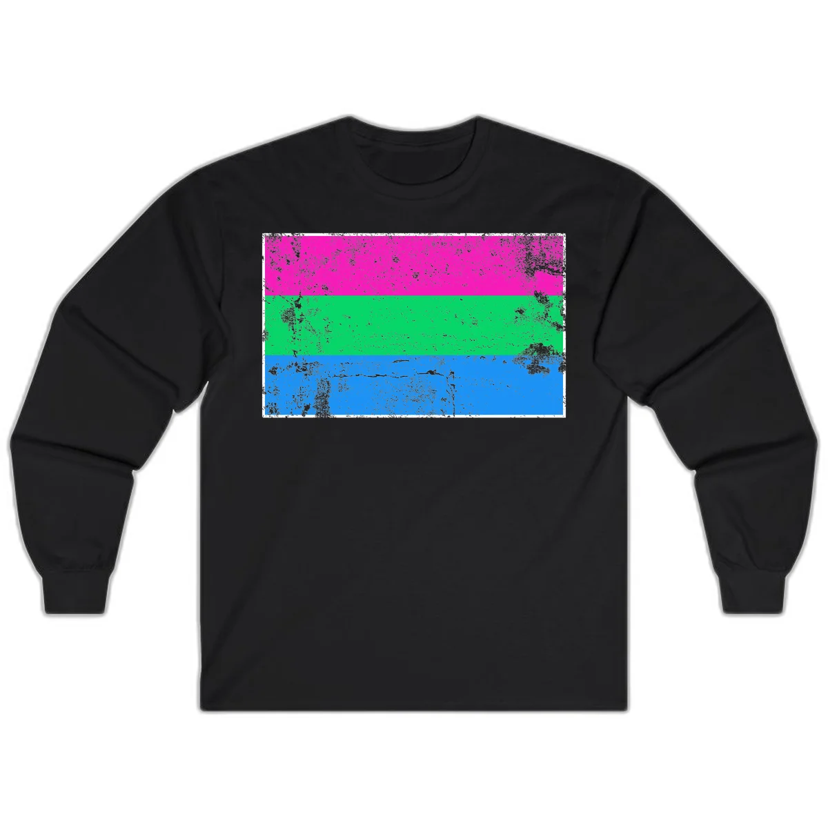 Horizontal pride flag stripes design in magenta, green, and blue with grunge distressed texture overlay in Black