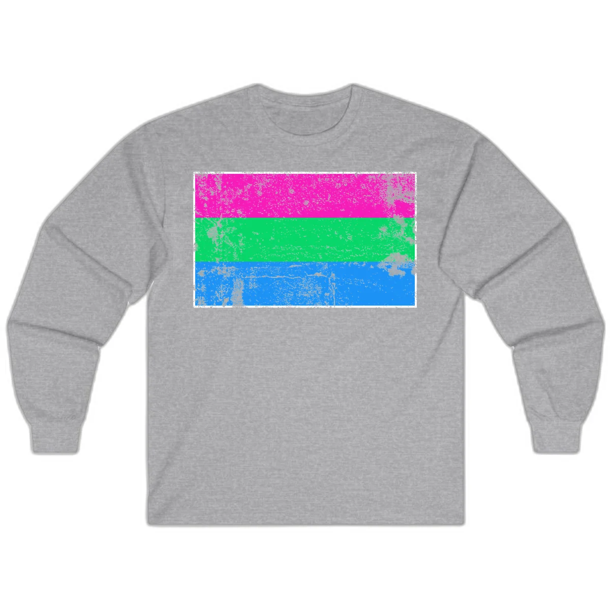 Horizontal pride flag stripes design in magenta, green, and blue with grunge distressed texture overlay in Sport Grey