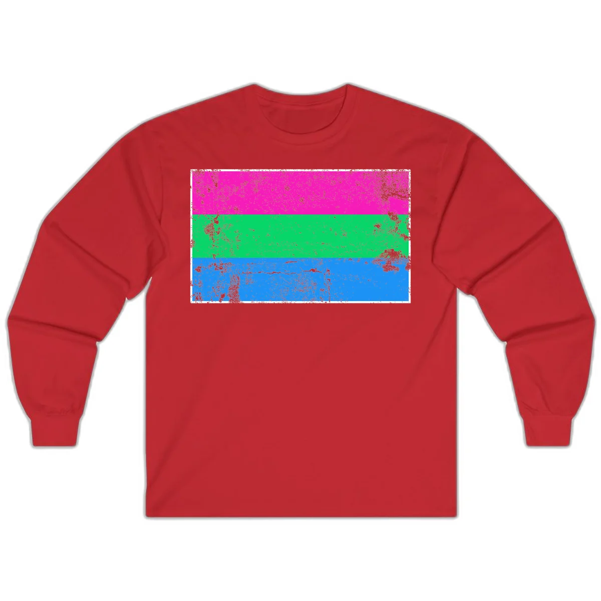 Horizontal pride flag stripes design in magenta, green, and blue with grunge distressed texture overlay in Red