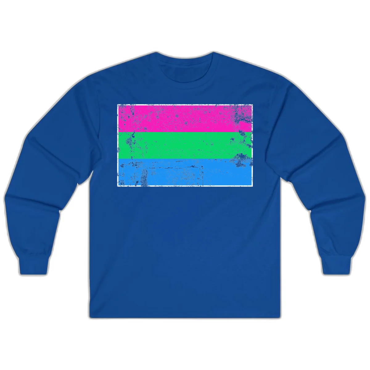 Horizontal pride flag stripes design in magenta, green, and blue with grunge distressed texture overlay in Royal