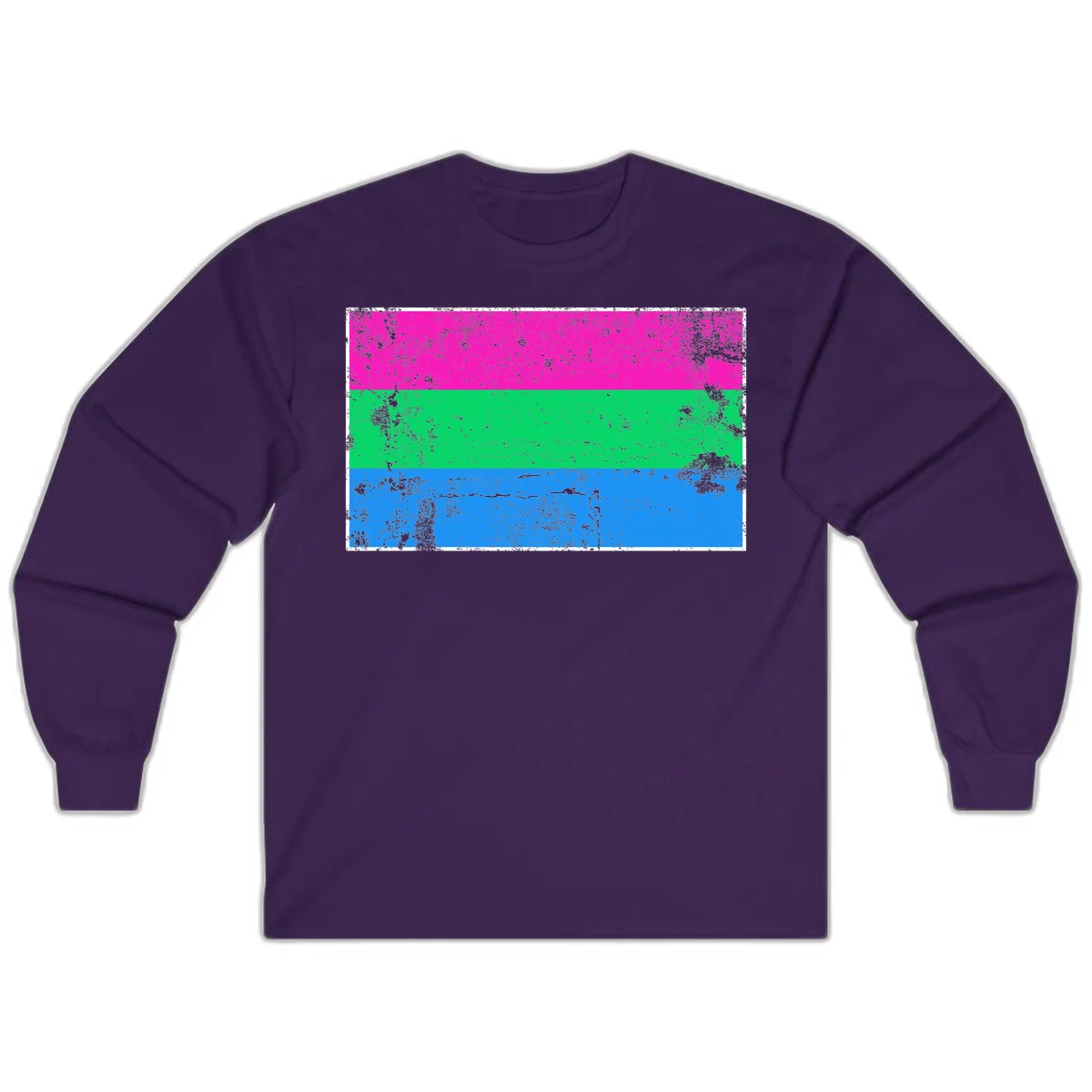 Horizontal pride flag stripes design in magenta, green, and blue with grunge distressed texture overlay in Purple