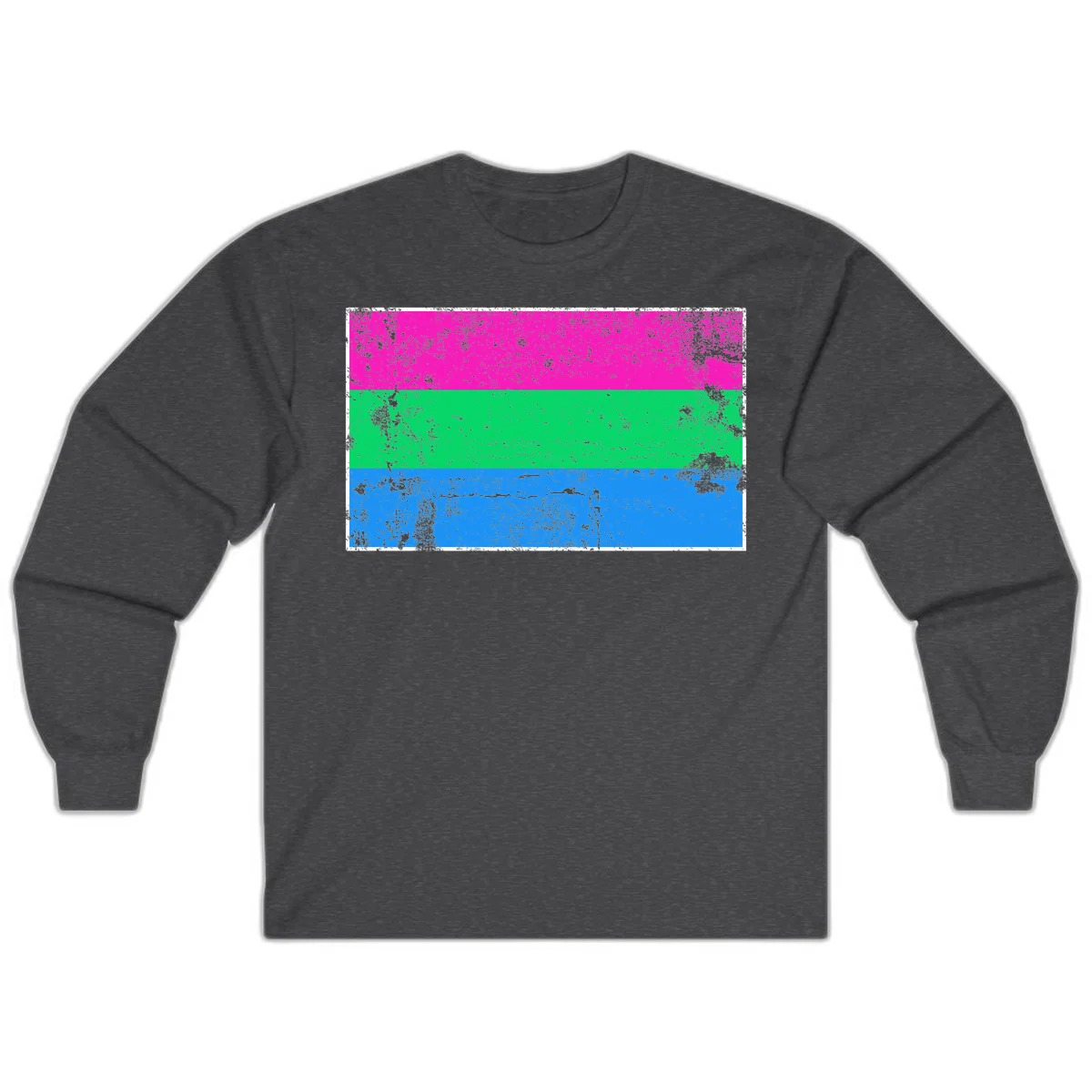 Horizontal pride flag stripes design in magenta, green, and blue with grunge distressed texture overlay in Dark Heather