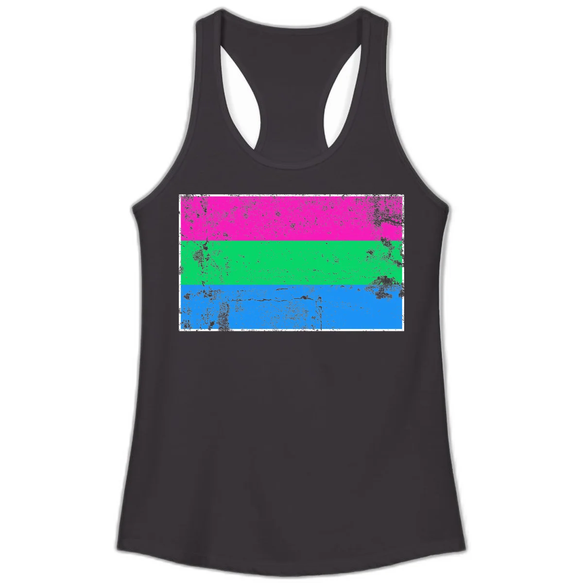 Horizontal pride flag stripes design in magenta, green, and blue with grunge distressed texture overlay in Black