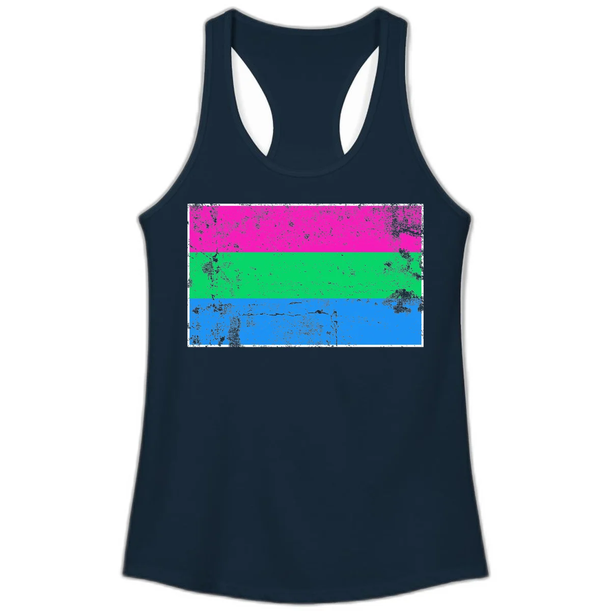 Horizontal pride flag stripes design in magenta, green, and blue with grunge distressed texture overlay in Solid Midnight Navy