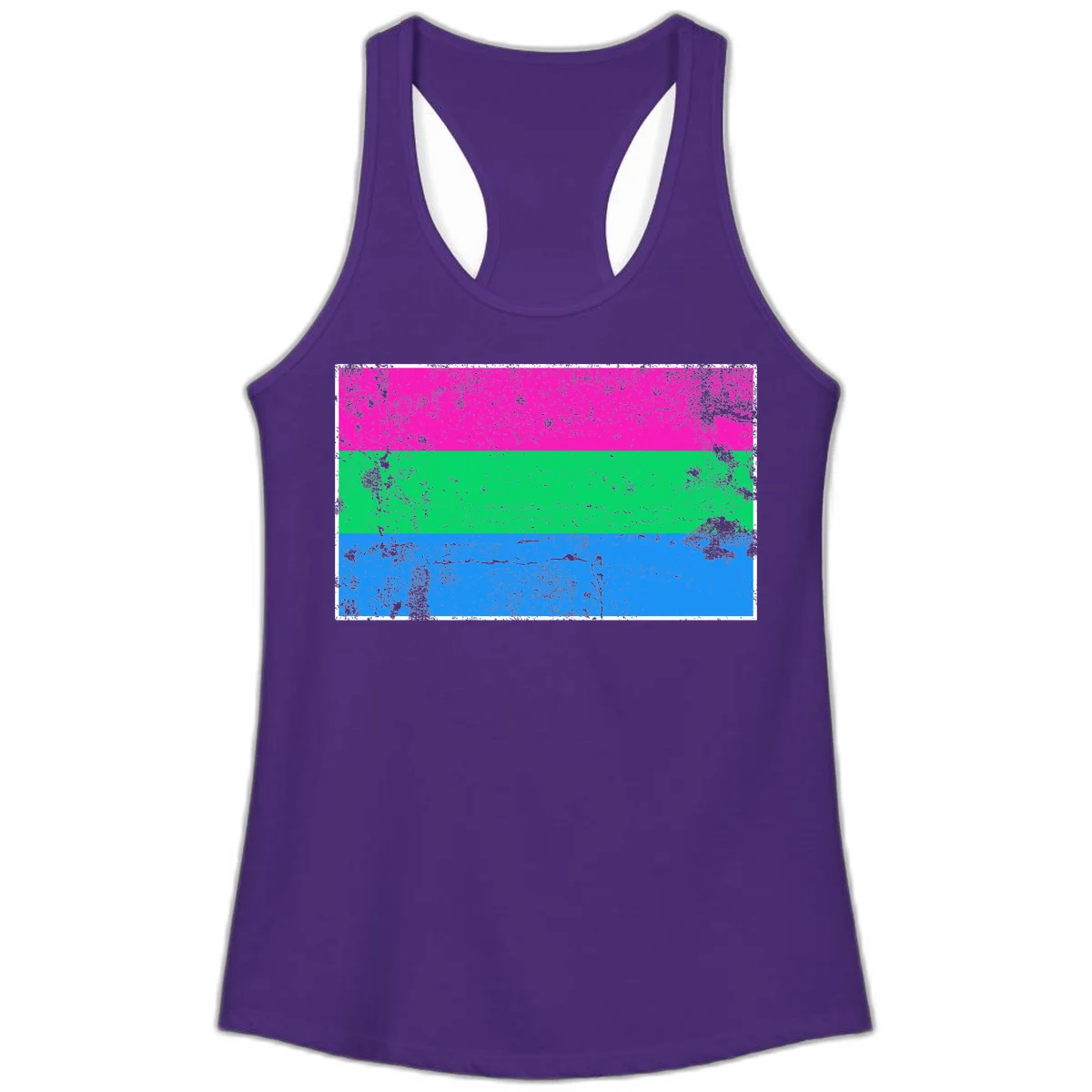 Horizontal pride flag stripes design in magenta, green, and blue with grunge distressed texture overlay in Solid Purple Rush