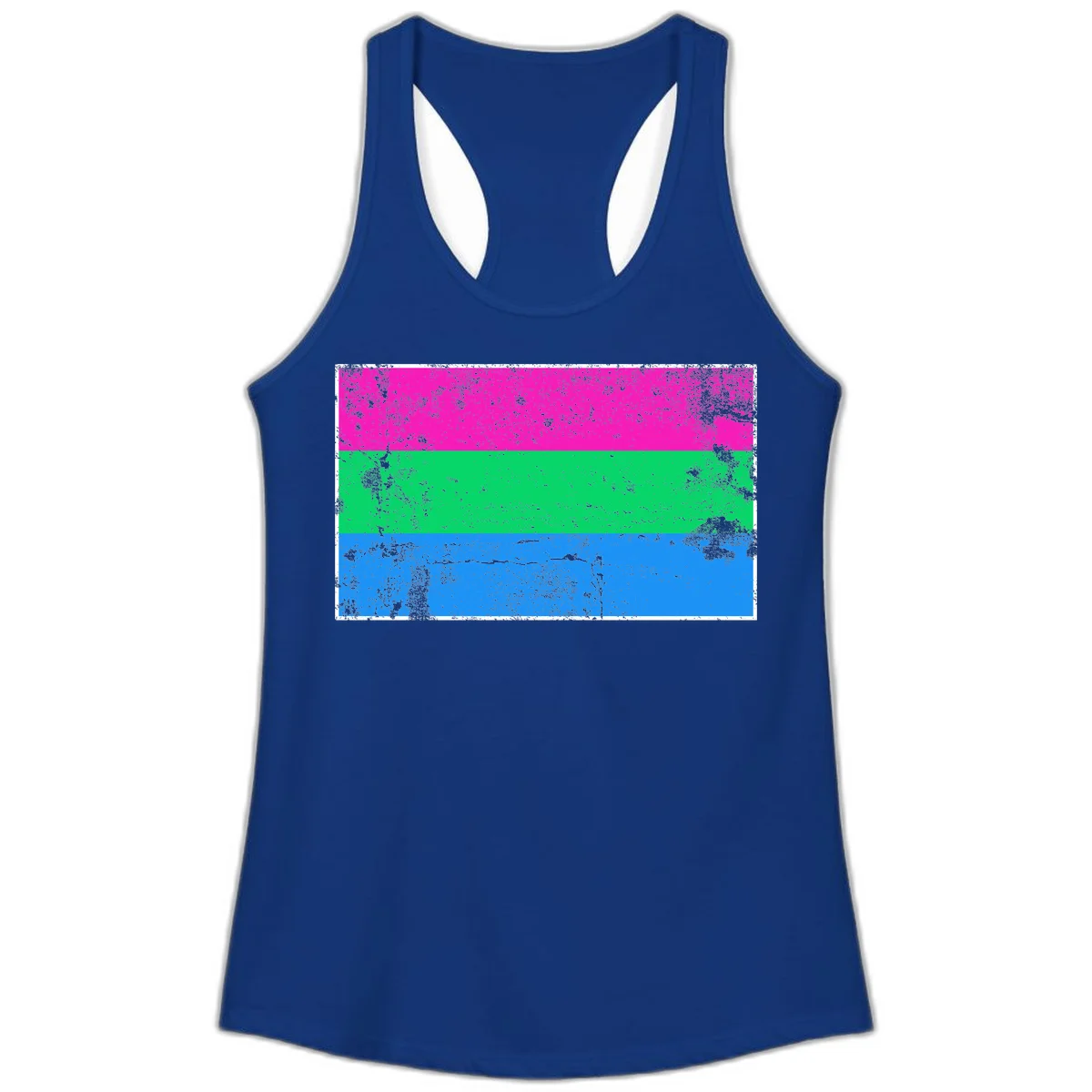 Horizontal pride flag stripes design in magenta, green, and blue with grunge distressed texture overlay in Solid Royal