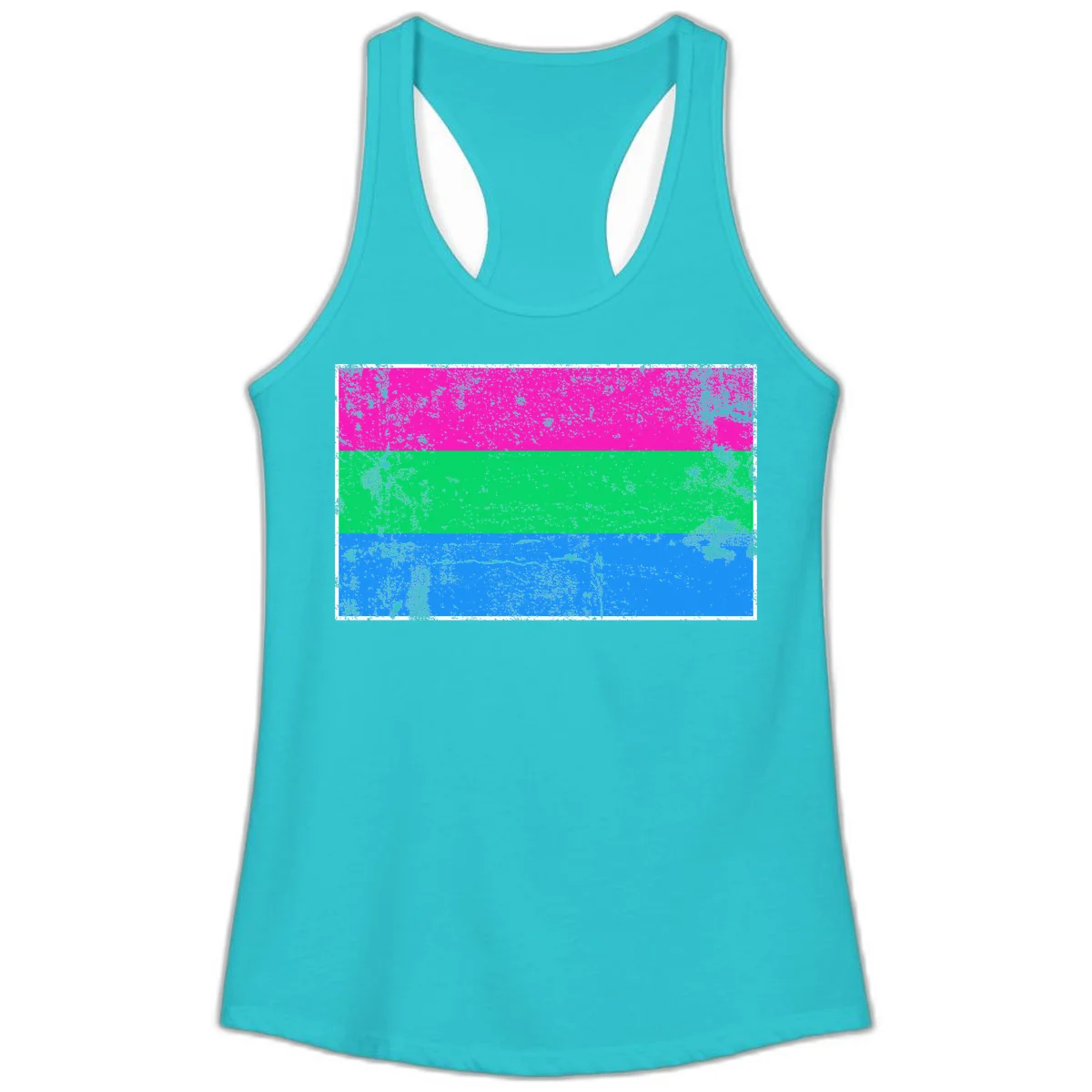 Horizontal pride flag stripes design in magenta, green, and blue with grunge distressed texture overlay in Solid Tahiti Blue