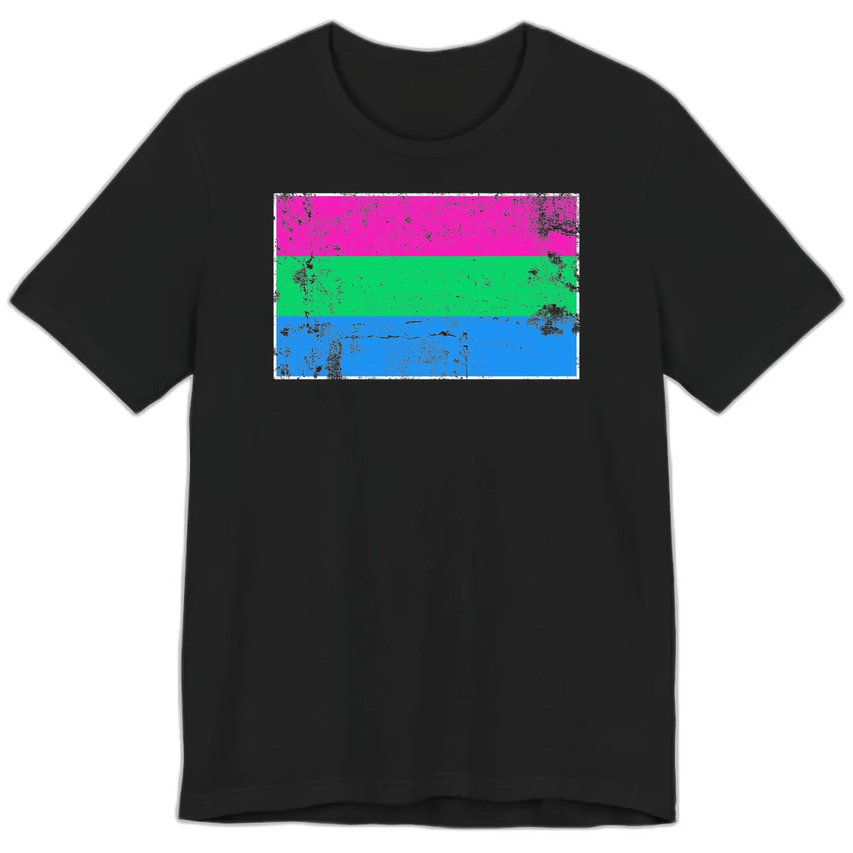 Horizontal pride flag stripes design in magenta, green, and blue with grunge distressed texture overlay in Black
