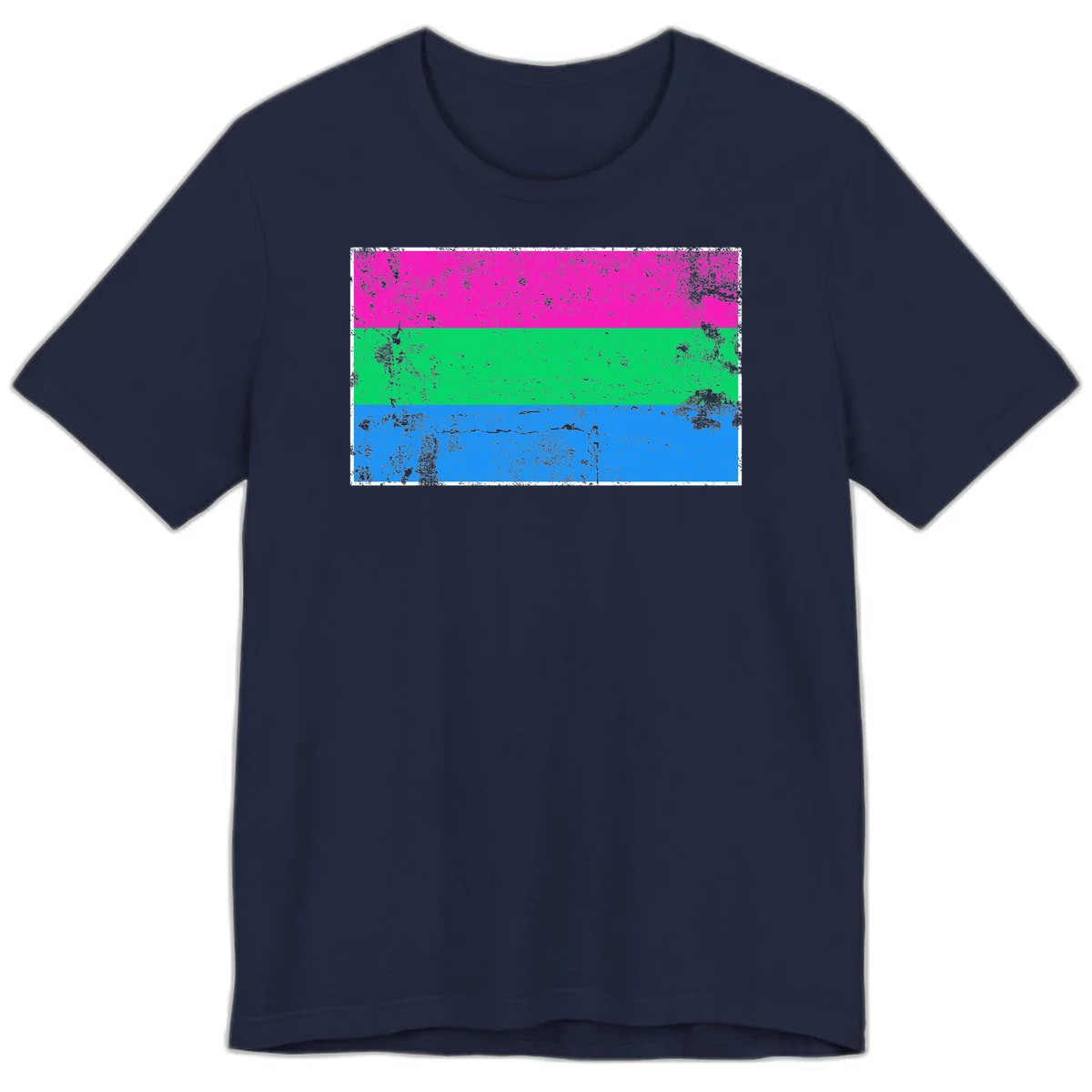 Horizontal pride flag stripes design in magenta, green, and blue with grunge distressed texture overlay in Navy