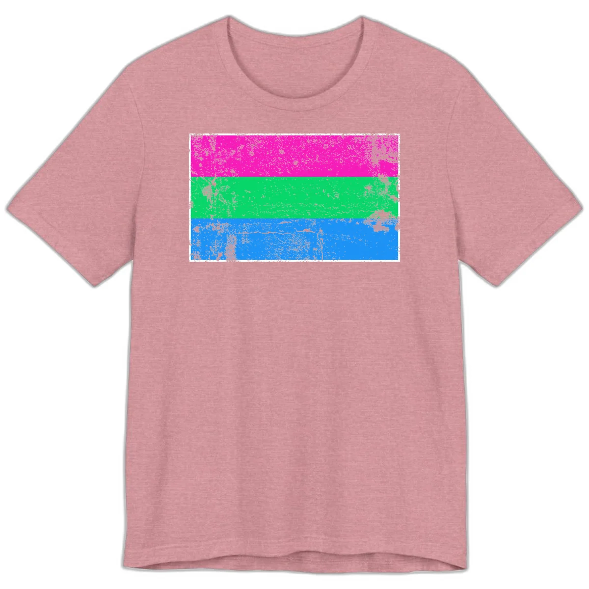 Horizontal pride flag stripes design in magenta, green, and blue with grunge distressed texture overlay in Heather Orchid