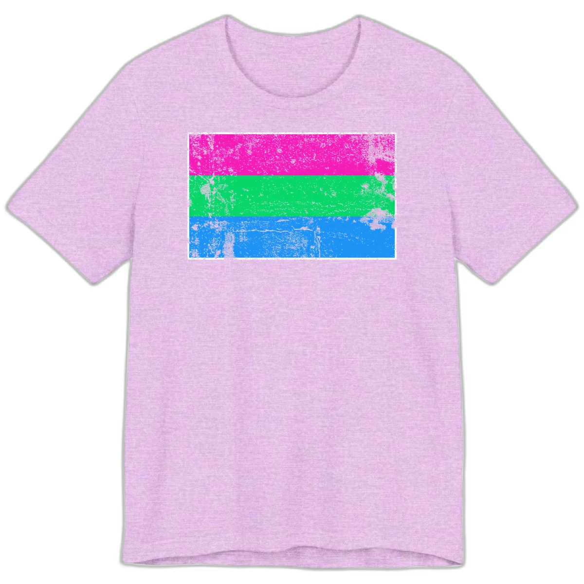 Horizontal pride flag stripes design in magenta, green, and blue with grunge distressed texture overlay in Heather Prism Lilac