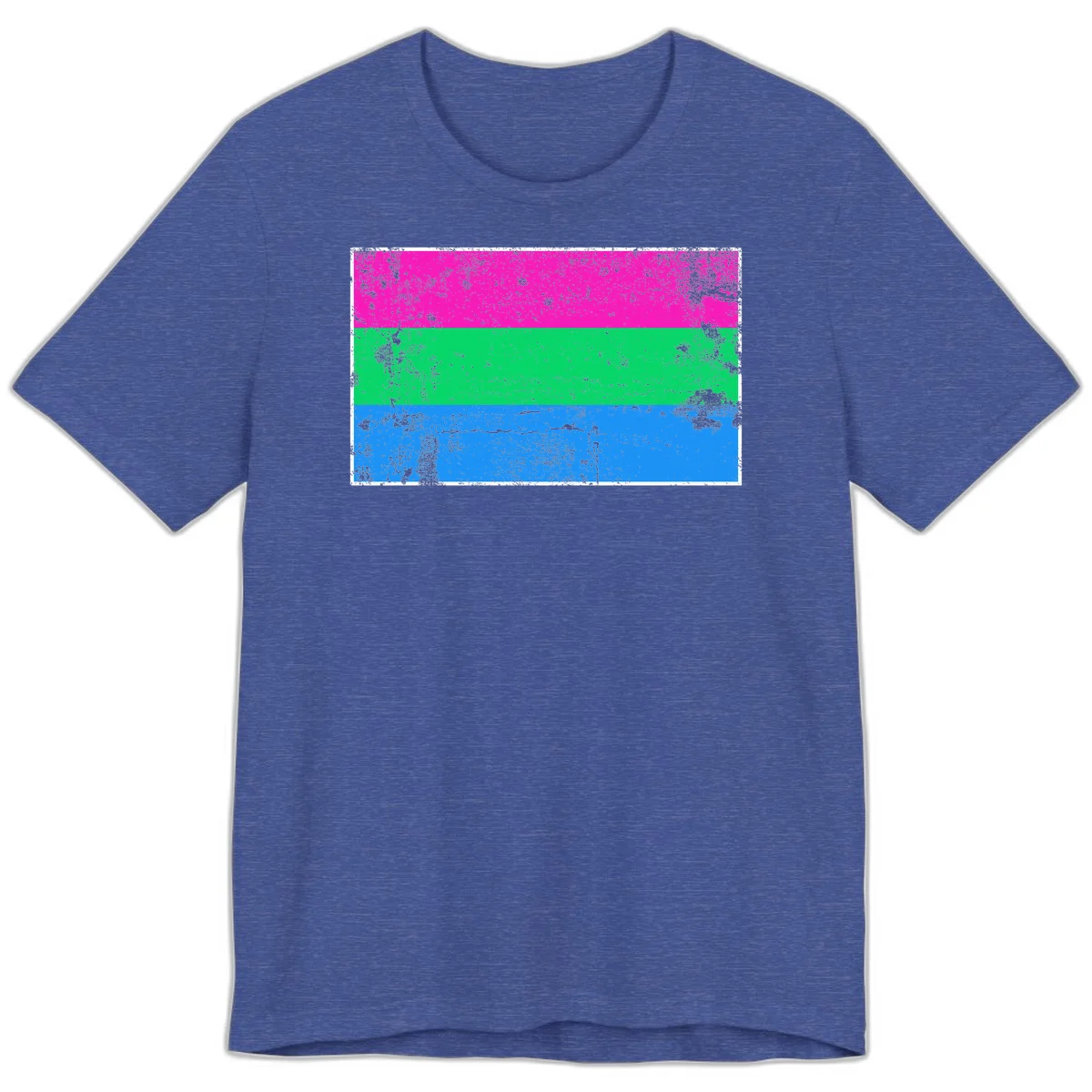Horizontal pride flag stripes design in magenta, green, and blue with grunge distressed texture overlay in Heather True Royal