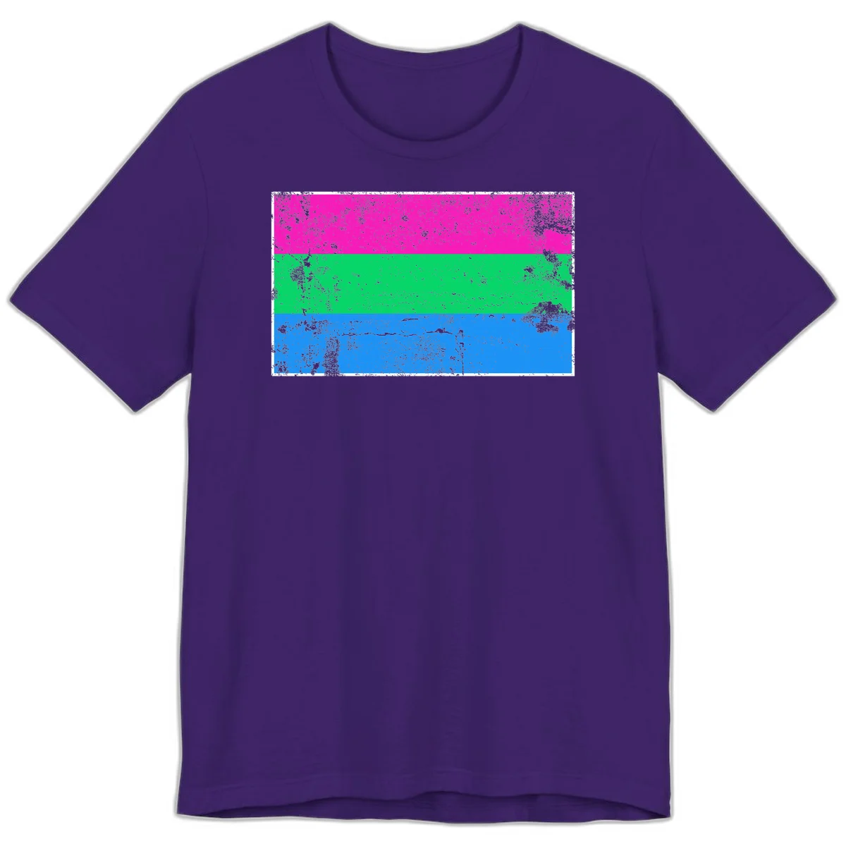 Horizontal pride flag stripes design in magenta, green, and blue with grunge distressed texture overlay in Team Purple