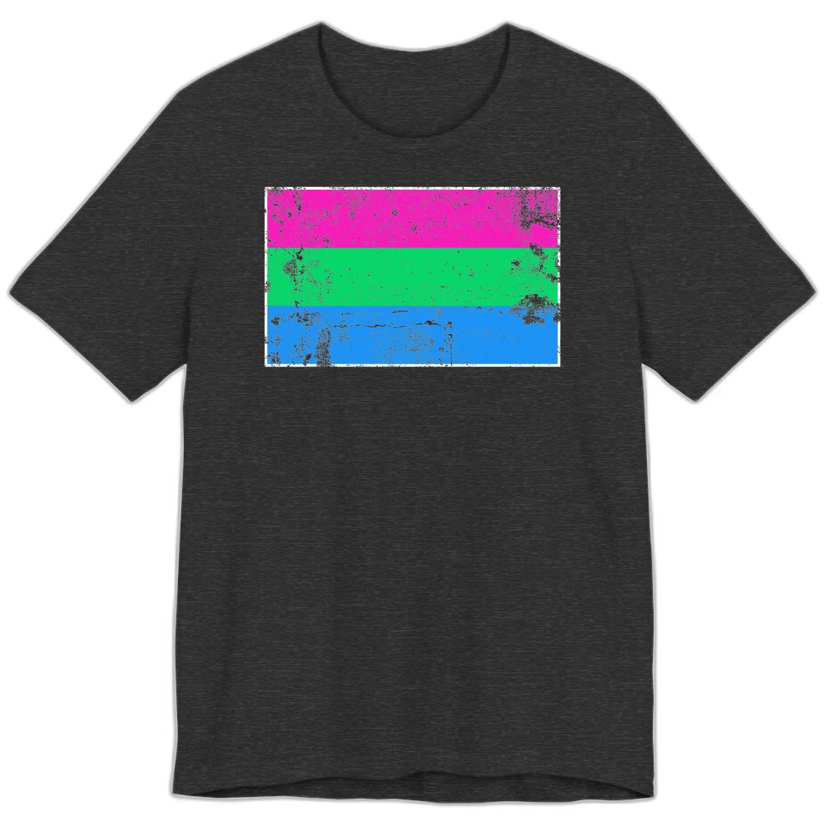 Horizontal pride flag stripes design in magenta, green, and blue with grunge distressed texture overlay in Dark Grey Heather