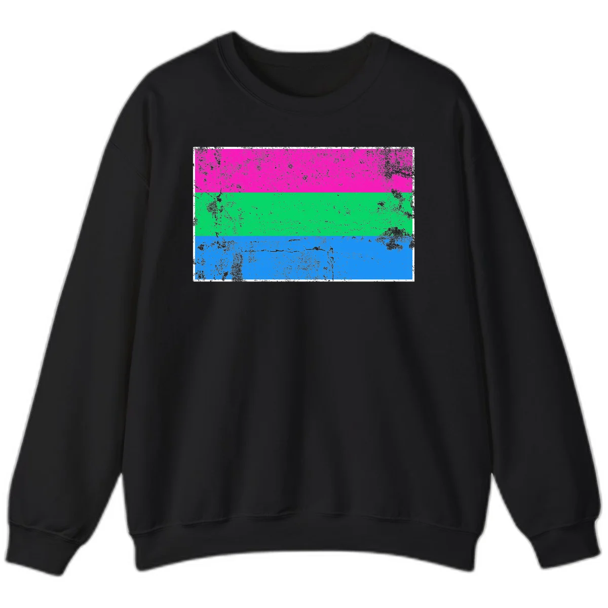 Horizontal pride flag stripes design in magenta, green, and blue with grunge distressed texture overlay in Black