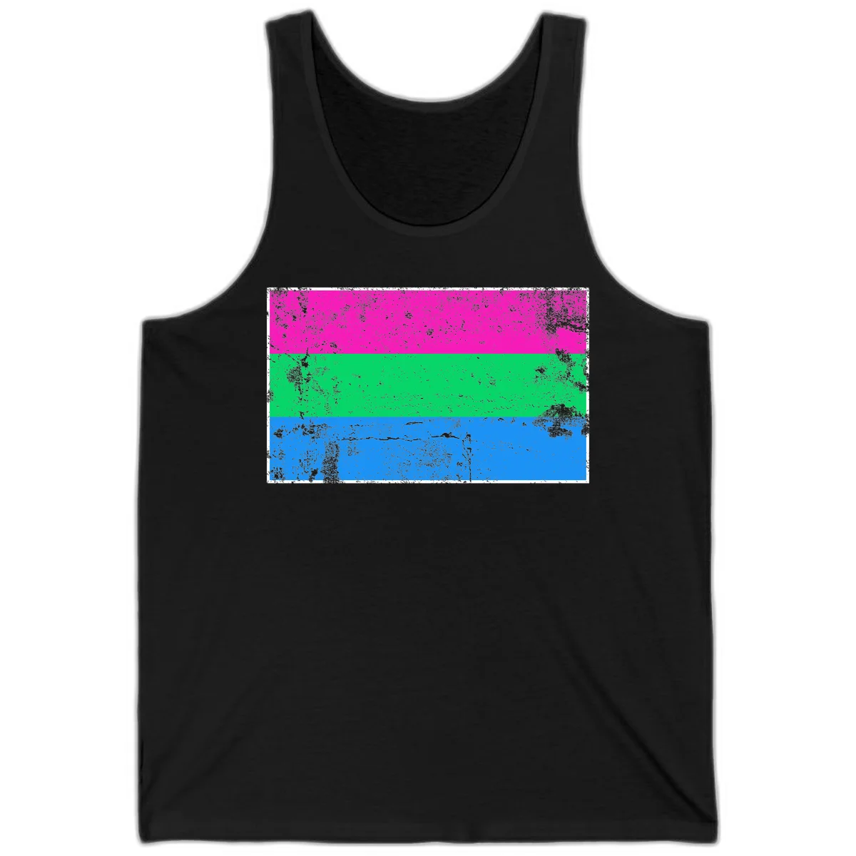 Horizontal pride flag stripes design in magenta, green, and blue with grunge distressed texture overlay in Black