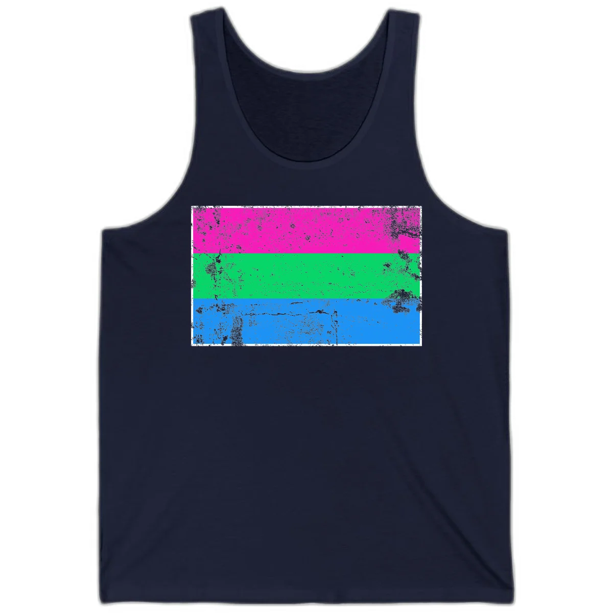 Horizontal pride flag stripes design in magenta, green, and blue with grunge distressed texture overlay in Navy
