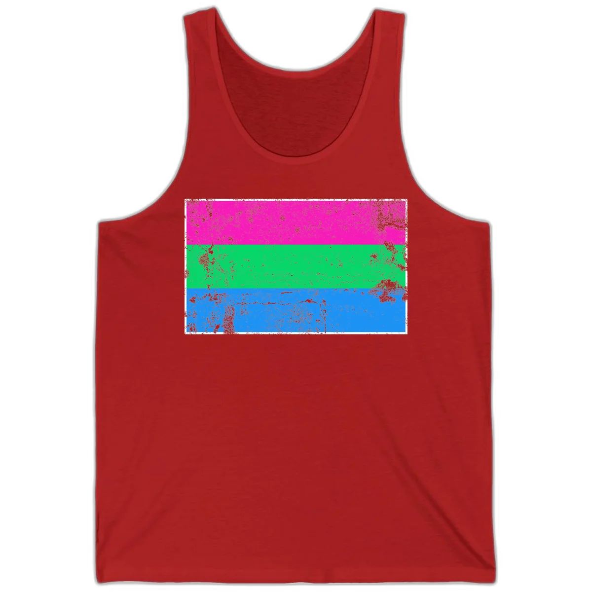 Horizontal pride flag stripes design in magenta, green, and blue with grunge distressed texture overlay in Red