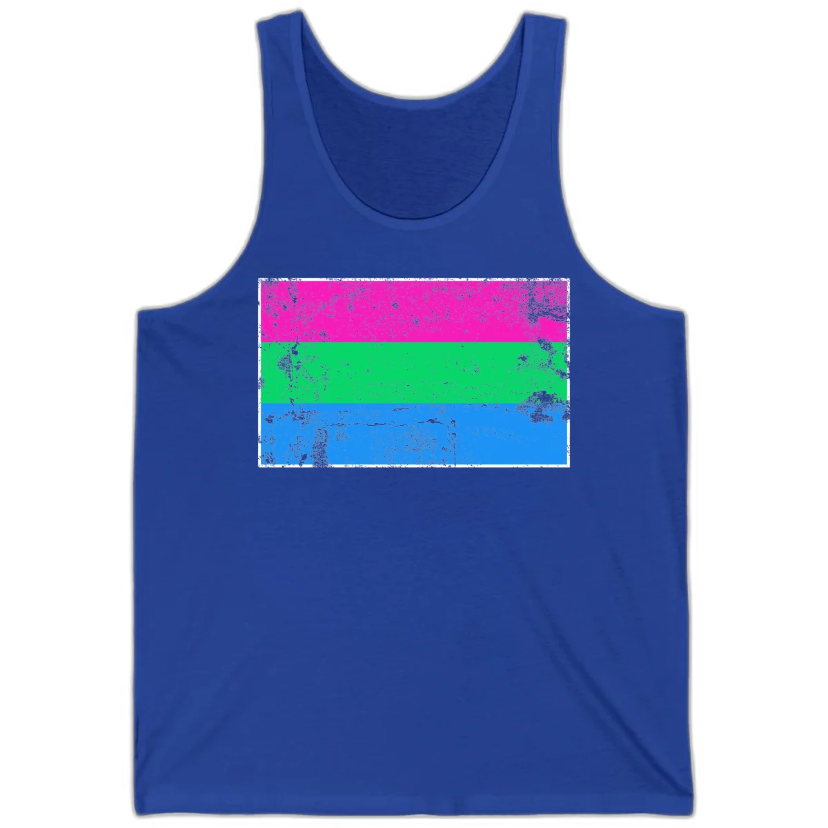 Horizontal pride flag stripes design in magenta, green, and blue with grunge distressed texture overlay in True Royal