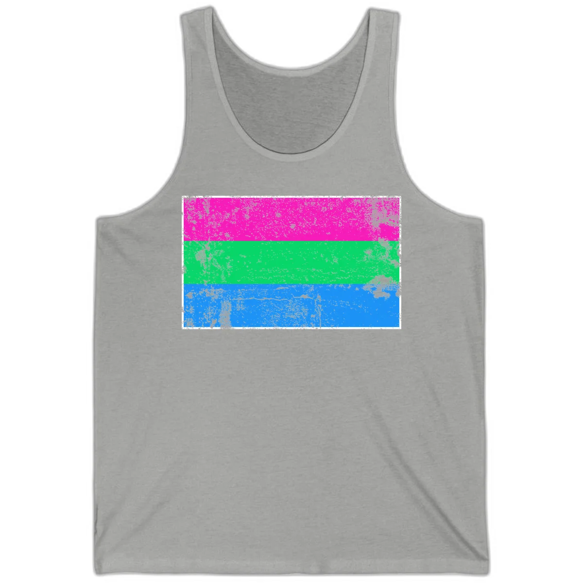 Horizontal pride flag stripes design in magenta, green, and blue with grunge distressed texture overlay in Athletic Heather