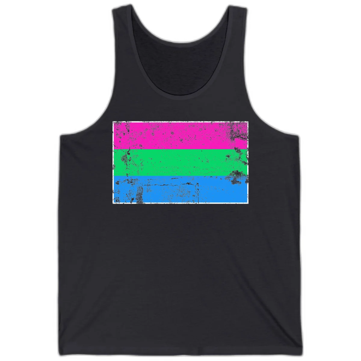 Horizontal pride flag stripes design in magenta, green, and blue with grunge distressed texture overlay in Dark Grey