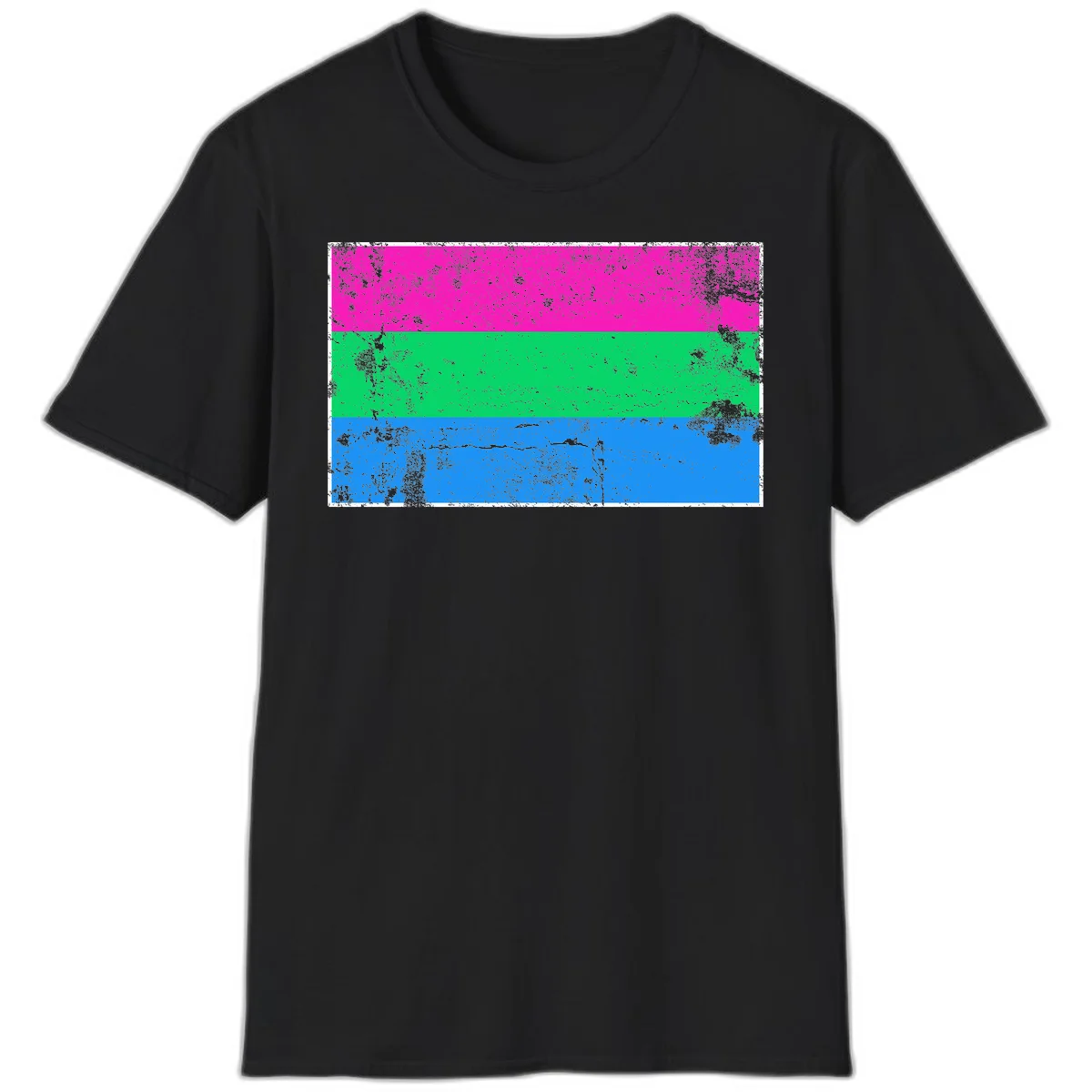 Horizontal pride flag stripes design in magenta, green, and blue with grunge distressed texture overlay in Black
