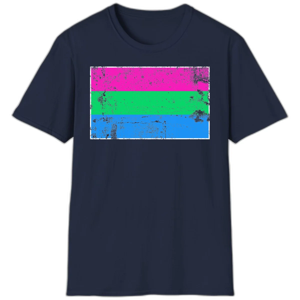 Horizontal pride flag stripes design in magenta, green, and blue with grunge distressed texture overlay in Navy