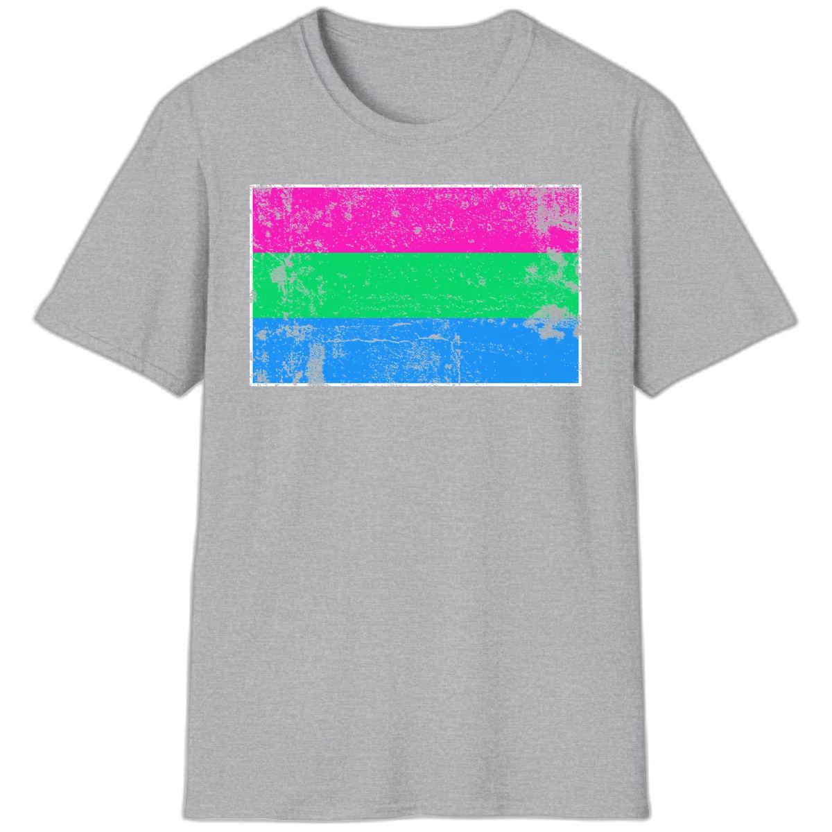 Horizontal pride flag stripes design in magenta, green, and blue with grunge distressed texture overlay in Sport Grey