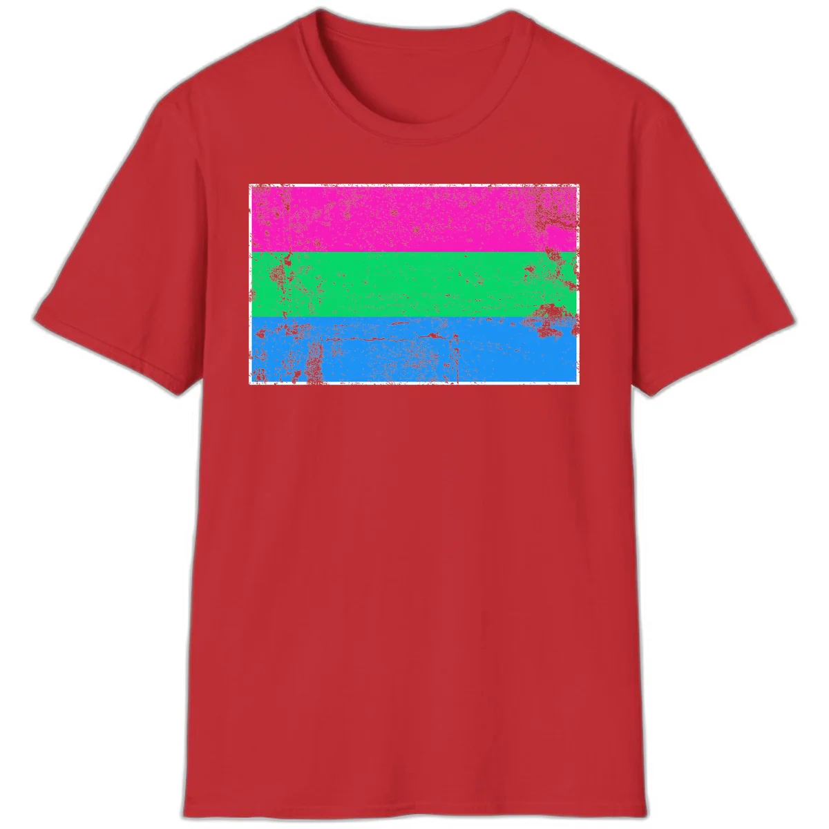 Horizontal pride flag stripes design in magenta, green, and blue with grunge distressed texture overlay in Red