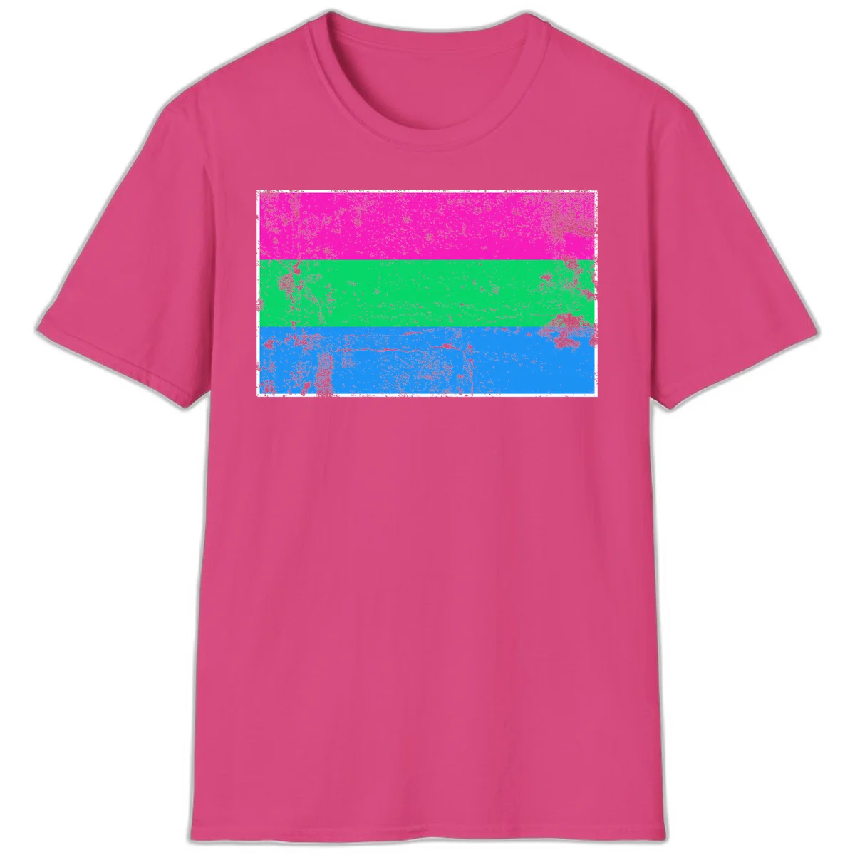 Horizontal pride flag stripes design in magenta, green, and blue with grunge distressed texture overlay in Heliconia