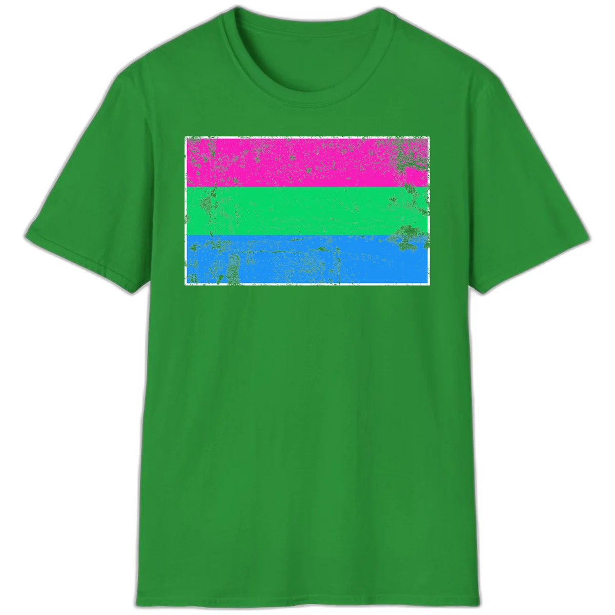 Horizontal pride flag stripes design in magenta, green, and blue with grunge distressed texture overlay in Irish Green