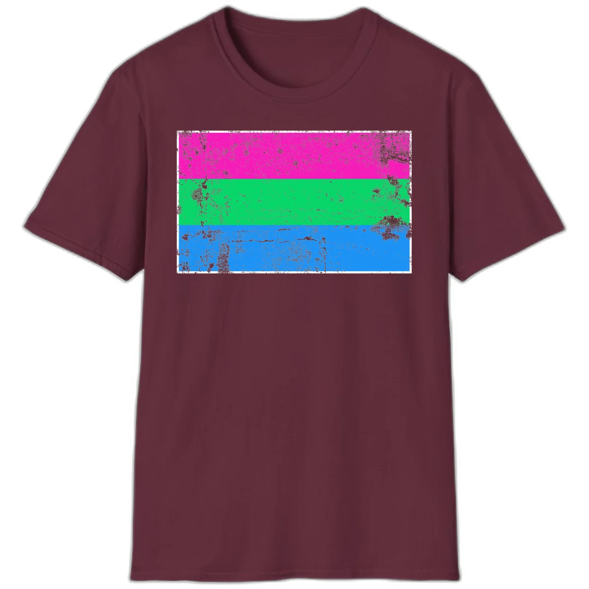 Horizontal pride flag stripes design in magenta, green, and blue with grunge distressed texture overlay in Maroon