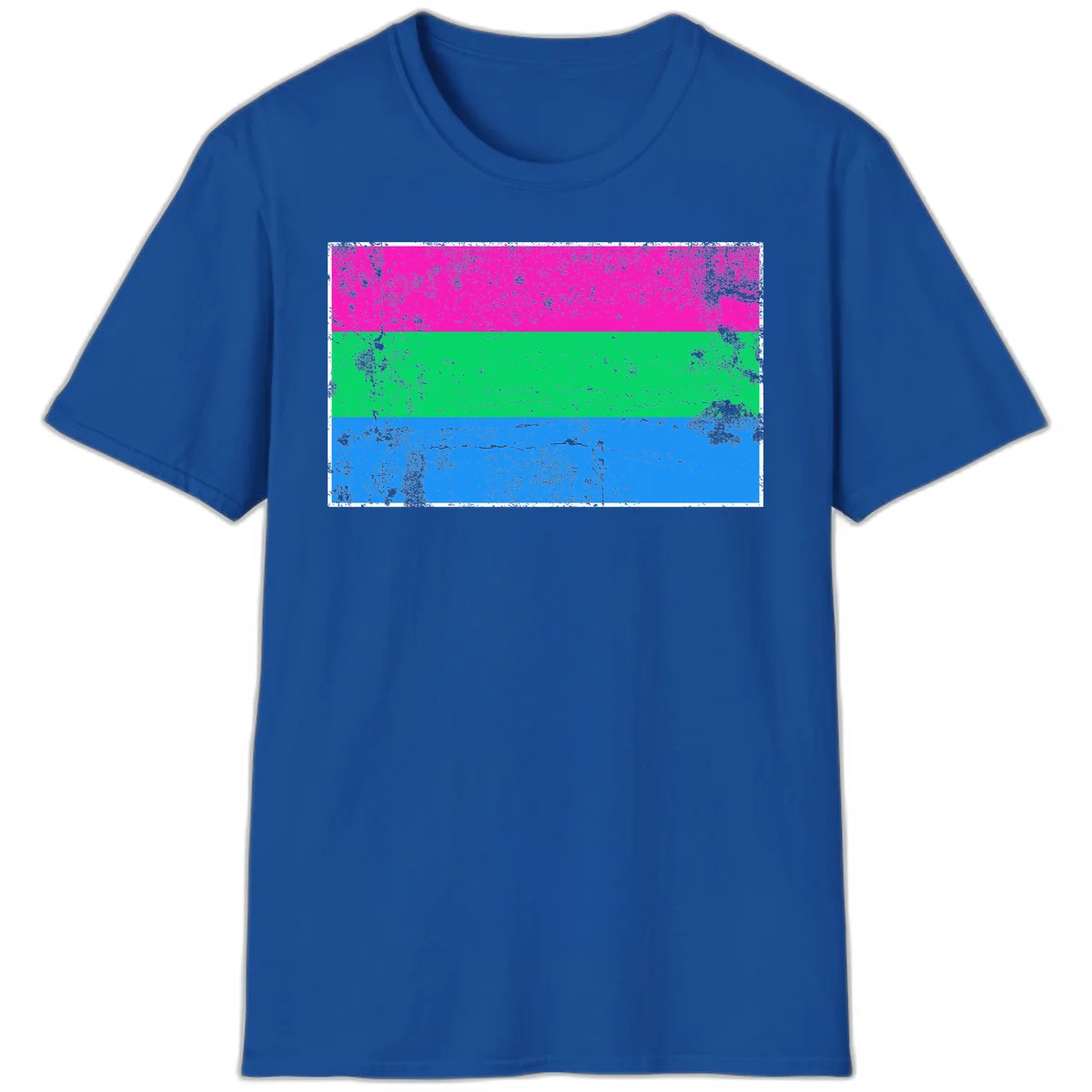 Horizontal pride flag stripes design in magenta, green, and blue with grunge distressed texture overlay in Royal