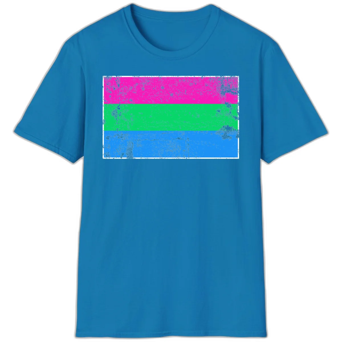 Horizontal pride flag stripes design in magenta, green, and blue with grunge distressed texture overlay in Sapphire