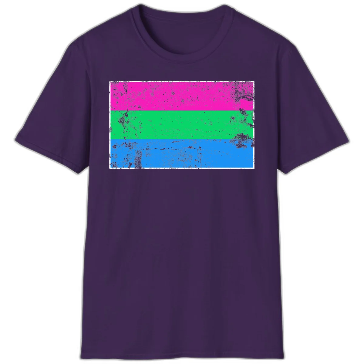 Horizontal pride flag stripes design in magenta, green, and blue with grunge distressed texture overlay in Purple