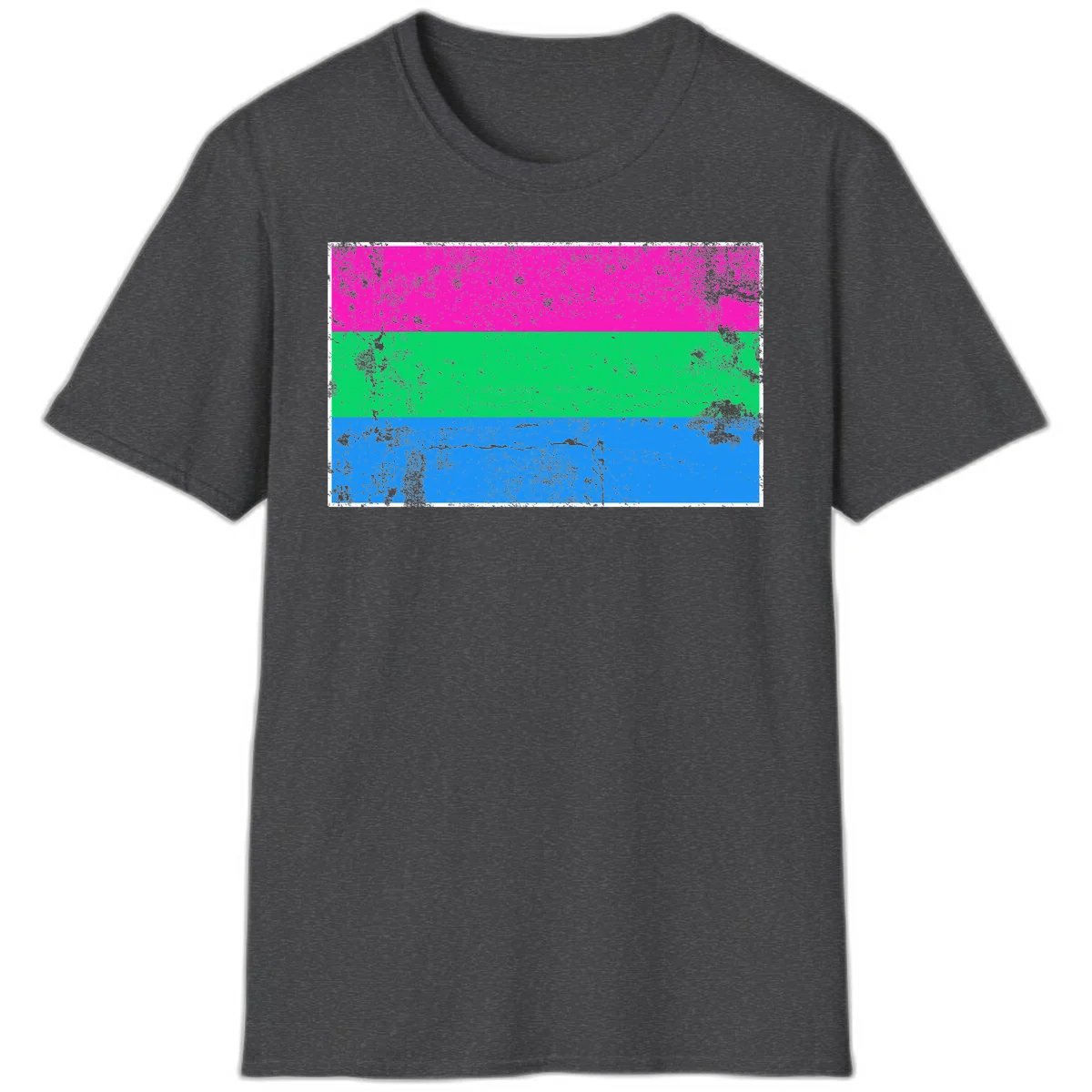Horizontal pride flag stripes design in magenta, green, and blue with grunge distressed texture overlay in Dark Heather